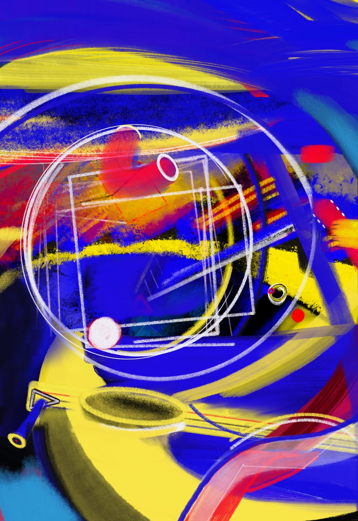Vertical painting in deep blue and yellow with white chalk circles and a red cylinder