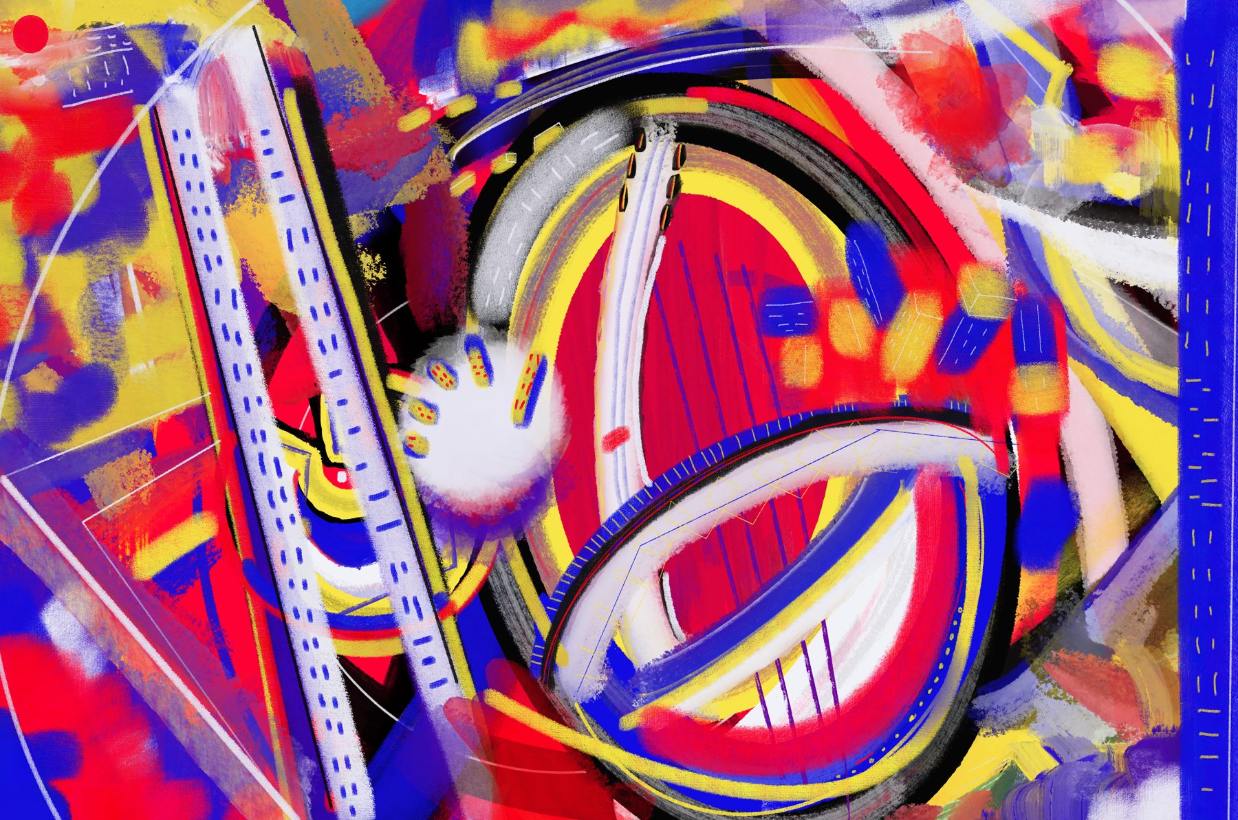 Horizontal painting in red, yellow and blue: dotted white columns, a red oval crossed by strings