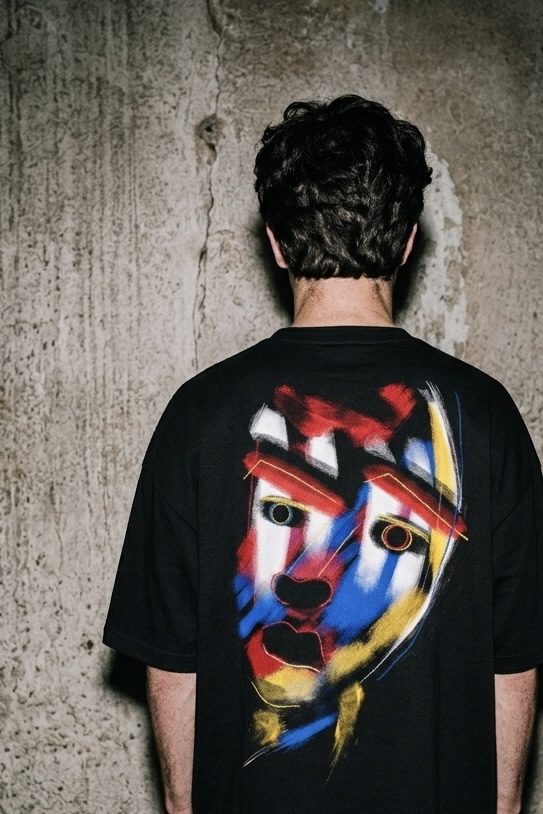 Man from behind against a concrete wall, the painted face on the back of his black tee