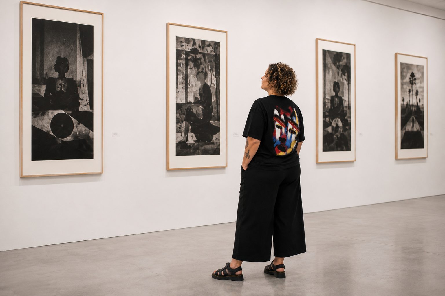 Woman in a gallery looking at black and white works, the painted face on the back of her black tee